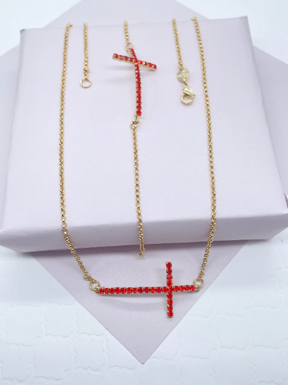 Sideways 18k Gold Layered Cross Necklace And Bracelet, Featuring Zirconia Ruby, Jet or Clear, Horizontal Cross Bracelet Necklace