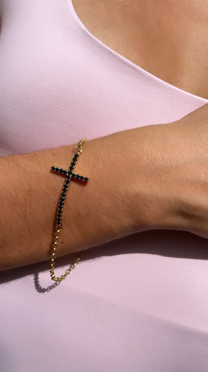 Sideways 18k Gold Layered Cross Necklace And Bracelet, Featuring Zirconia Ruby, Jet or Clear, Horizontal Cross Bracelet Necklace