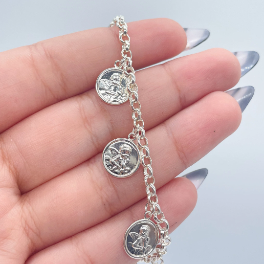 Silver Layered Angel Charm Rolo Bracelet Featuring Seven Angel Medals