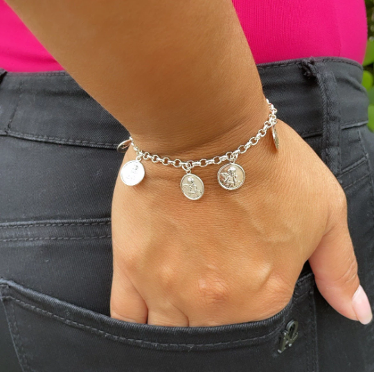 Silver Layered Angel Charm Rolo Bracelet Featuring Seven Angel Medals