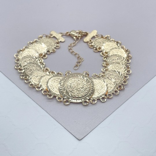 18k Gold Layered Engraved Coin Overlapping Bracelet