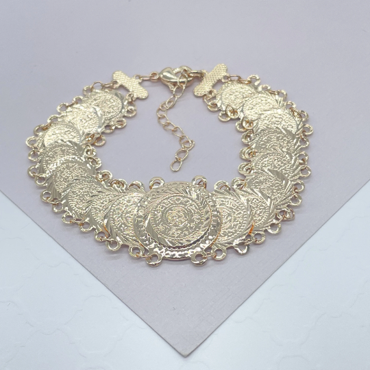 18k Gold Layered Engraved Coin Overlapping Bracelet