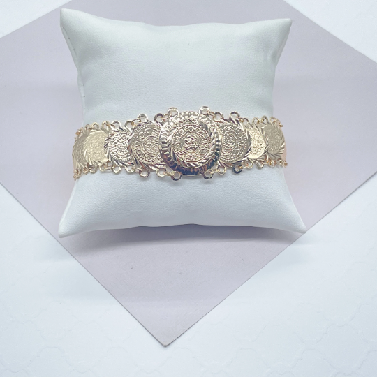 18k Gold Layered Engraved Coin Overlapping Bracelet