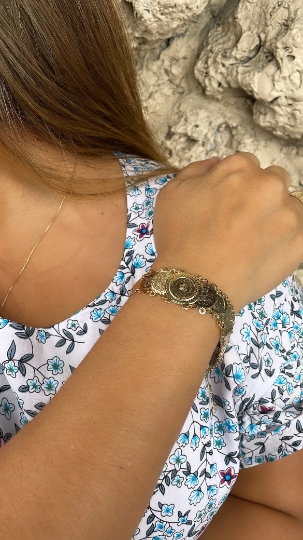 18k Gold Layered Engraved Coin Overlapping Bracelet