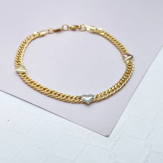 18k Gold Layered Cuban Chain Link Bracelets With Hearts Engraved To It