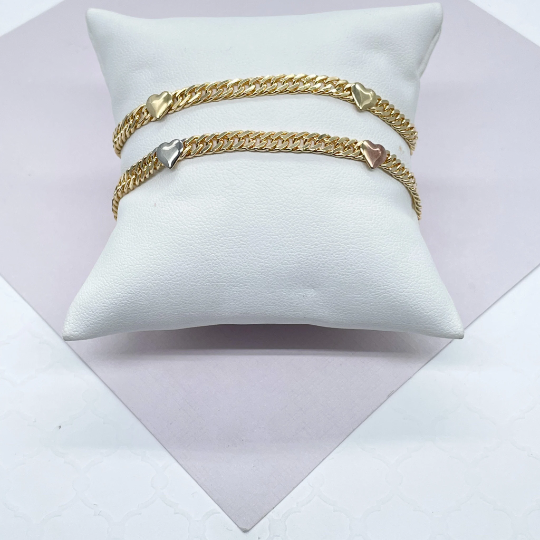 18k Gold Layered Cuban Chain Link Bracelets With Hearts Engraved To It