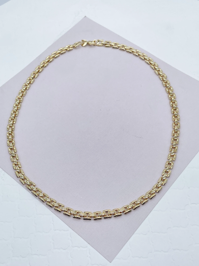 Thick Vintage Style 18k Gold Filled Flat Three Pattern Layered Chain Necklace