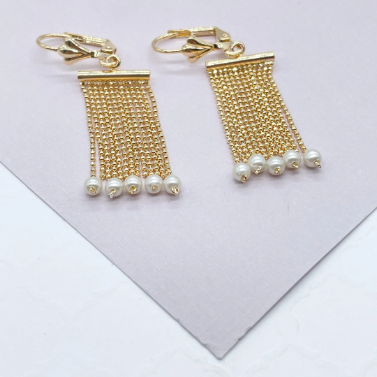 18k Gold Layered Dangling Earrings With Dangling Pearls