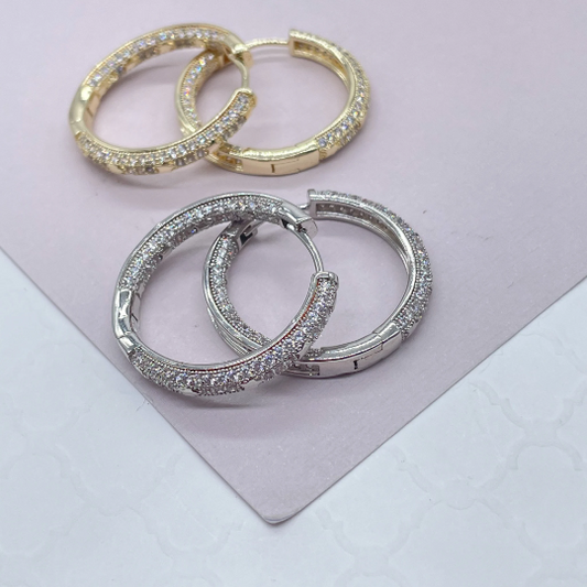 Gorgeous 18k Gold Filled Medium Size Micro Pavê Zirconia Clicker Hoop Earrings with craved stones inside and out