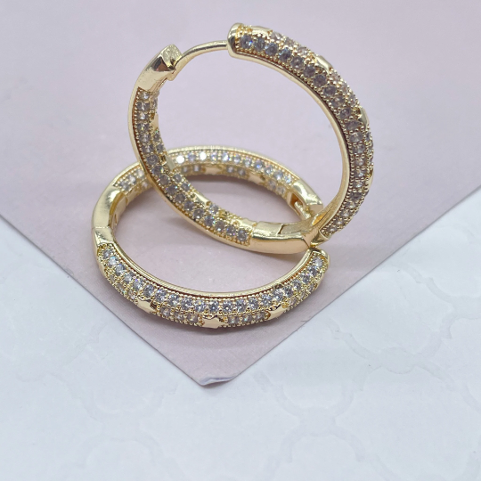 Gorgeous 18k Gold Layered Medium Size Micro Pavê Zirconia Clicker Hoop Earrings with craved stones inside and out