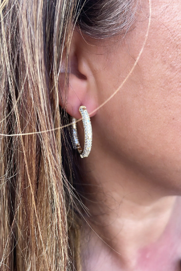 Gorgeous 18k Gold Layered Medium Size Micro Pavê Zirconia Clicker Hoop Earrings with craved stones inside and out