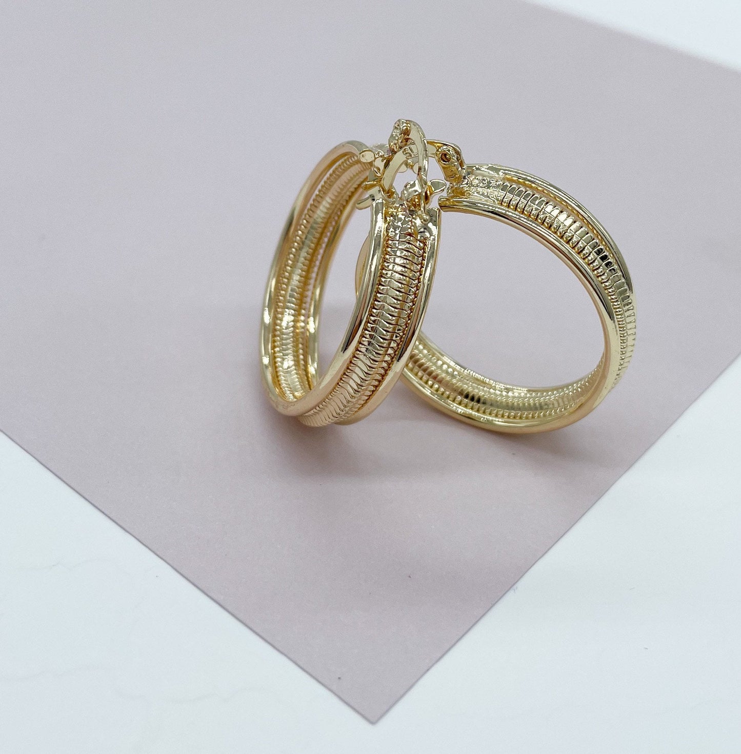 18K Gold Layered Hoop Earrings Featuring Middle Detail Rugged Wholesale And