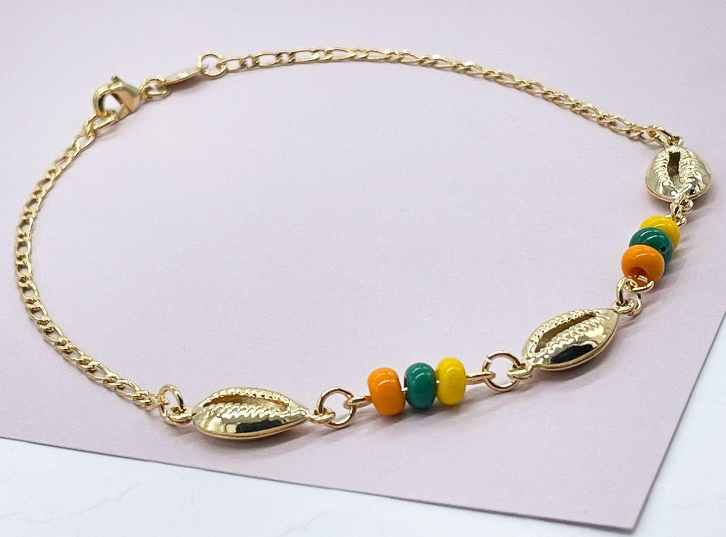 18k Gold Layered Long Short Link Anklet Featuring Colorful Beads and Three Cowrie