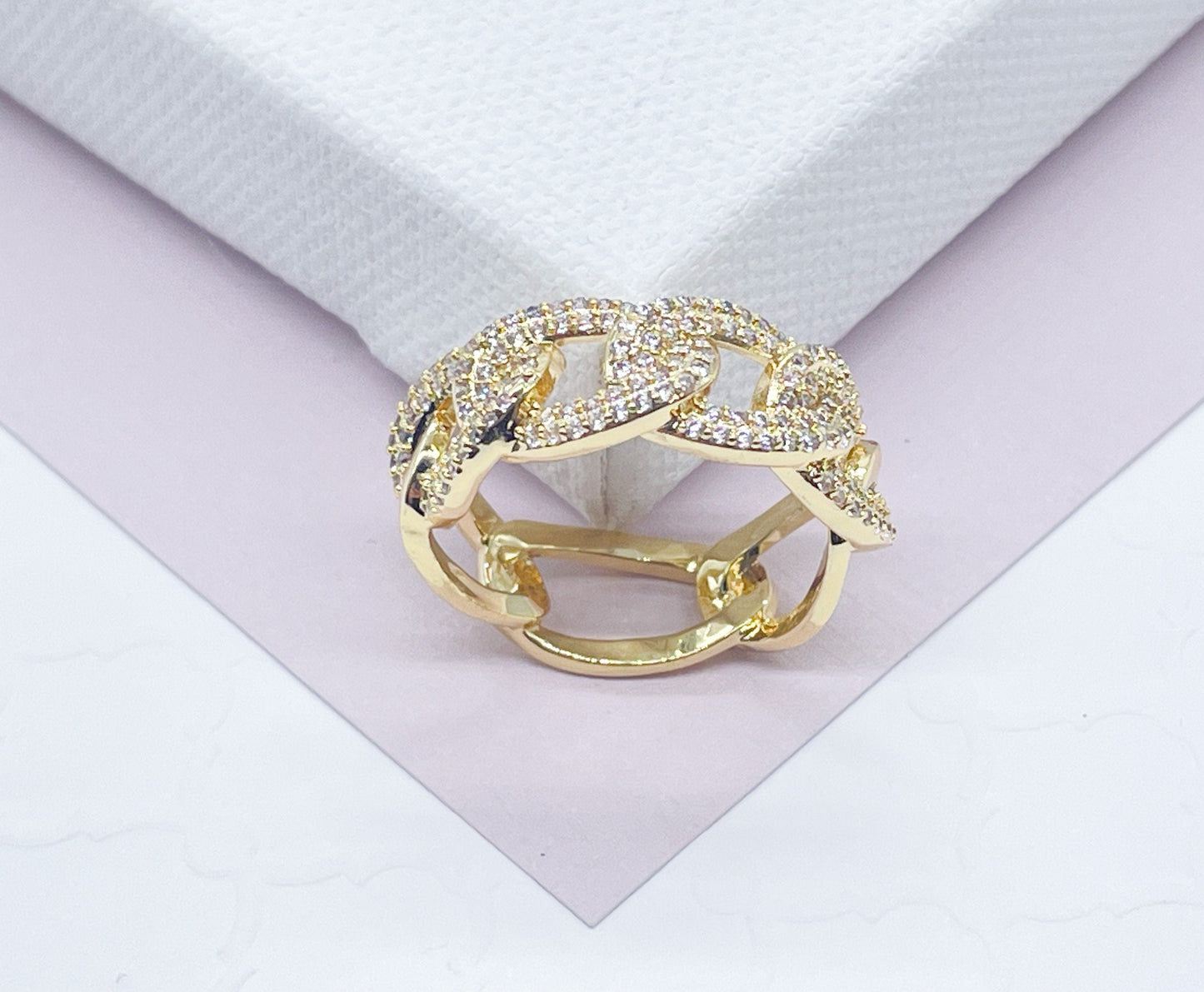 18K Gold Layered Cuban Link Ring Featuring Micro Pave Cubic Zirconia for