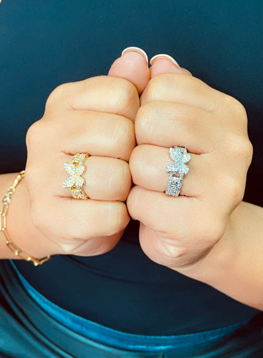 18K Gold Layered Butterfly Ring Featuring Micro Pave Cubic Zirconia Cuban Link