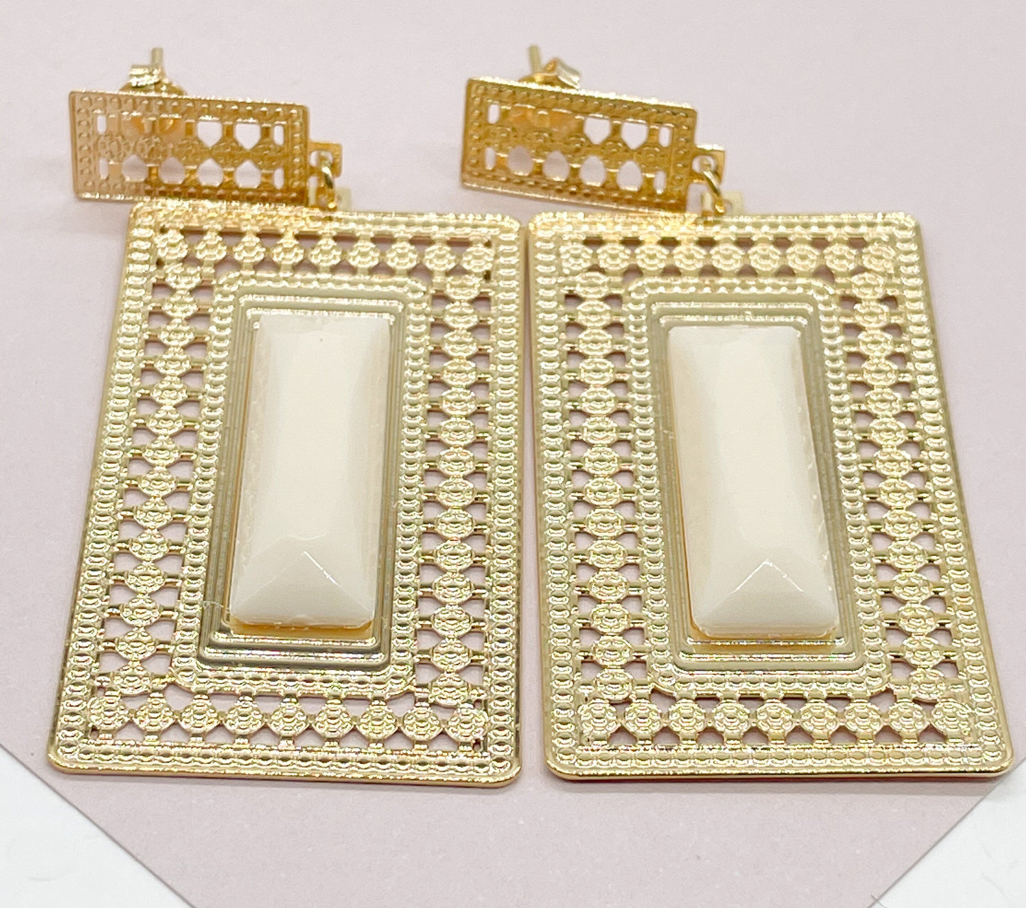 18k Gold Layered Square Dangling Earrings, Geometric, Featuring Micro Pave