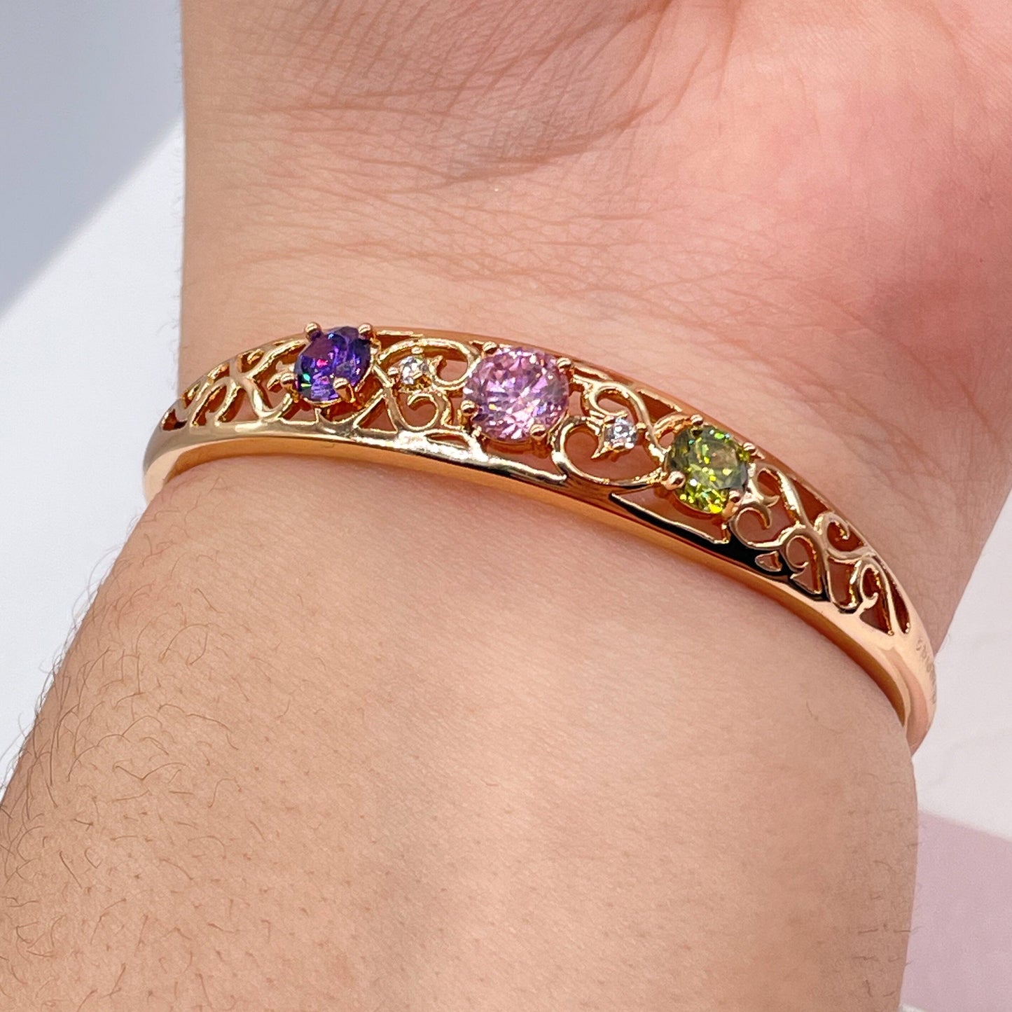 18k Gold Layered Bangle In Rose Gold Featuring Colorful Crystals