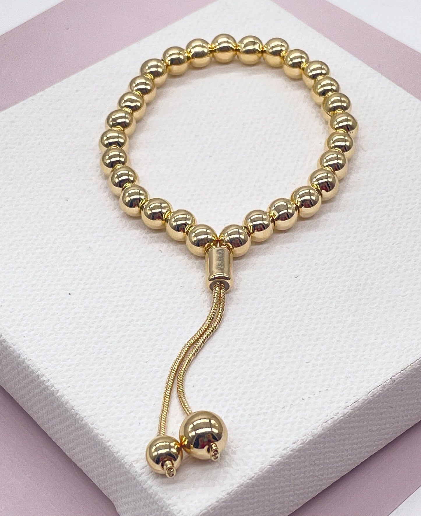 Gorgeous 18k Gold Layered Beaded Bracelet Featuring Slide Clasp Gold Bead