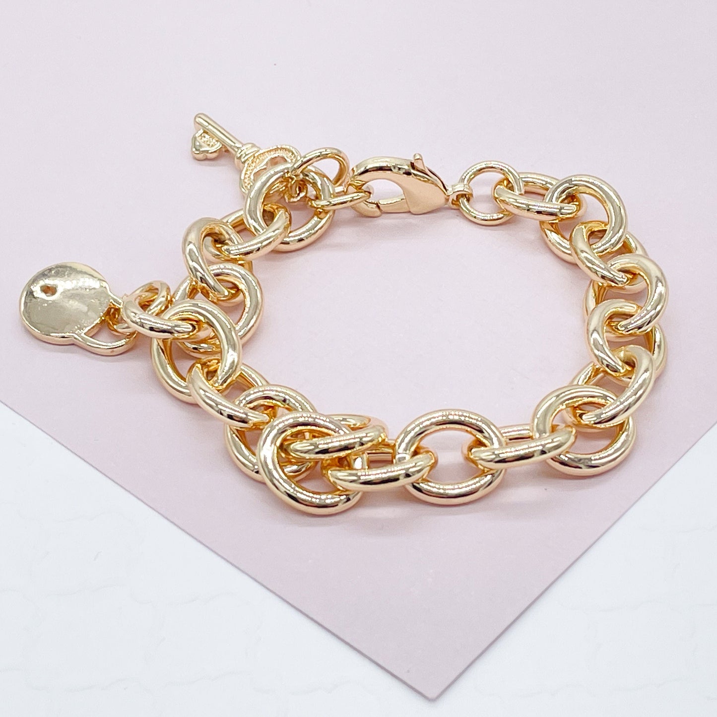 Chunky 18k Gold Layered Lock Heart And Key Bracelet Available in Gold, Rose