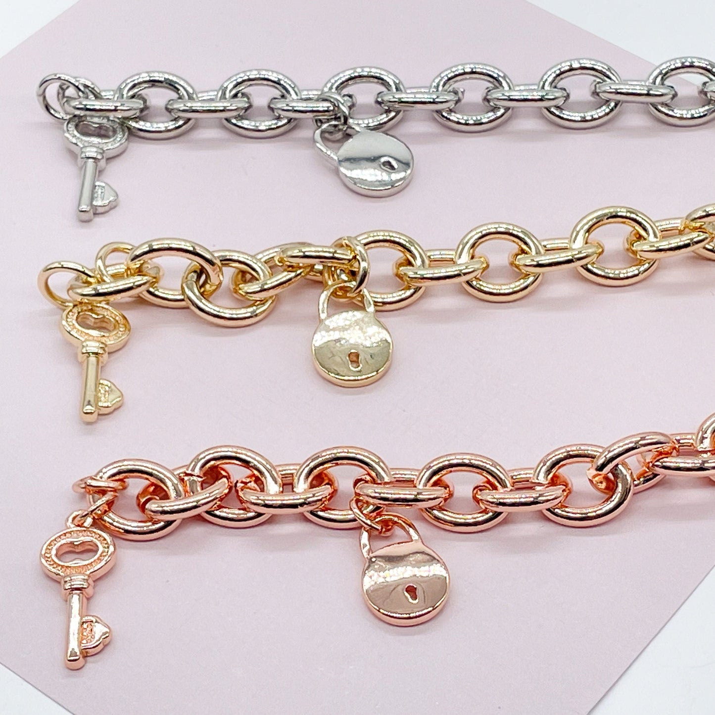 Chunky 18k Gold Layered Lock Heart And Key Bracelet Available in Gold, Rose