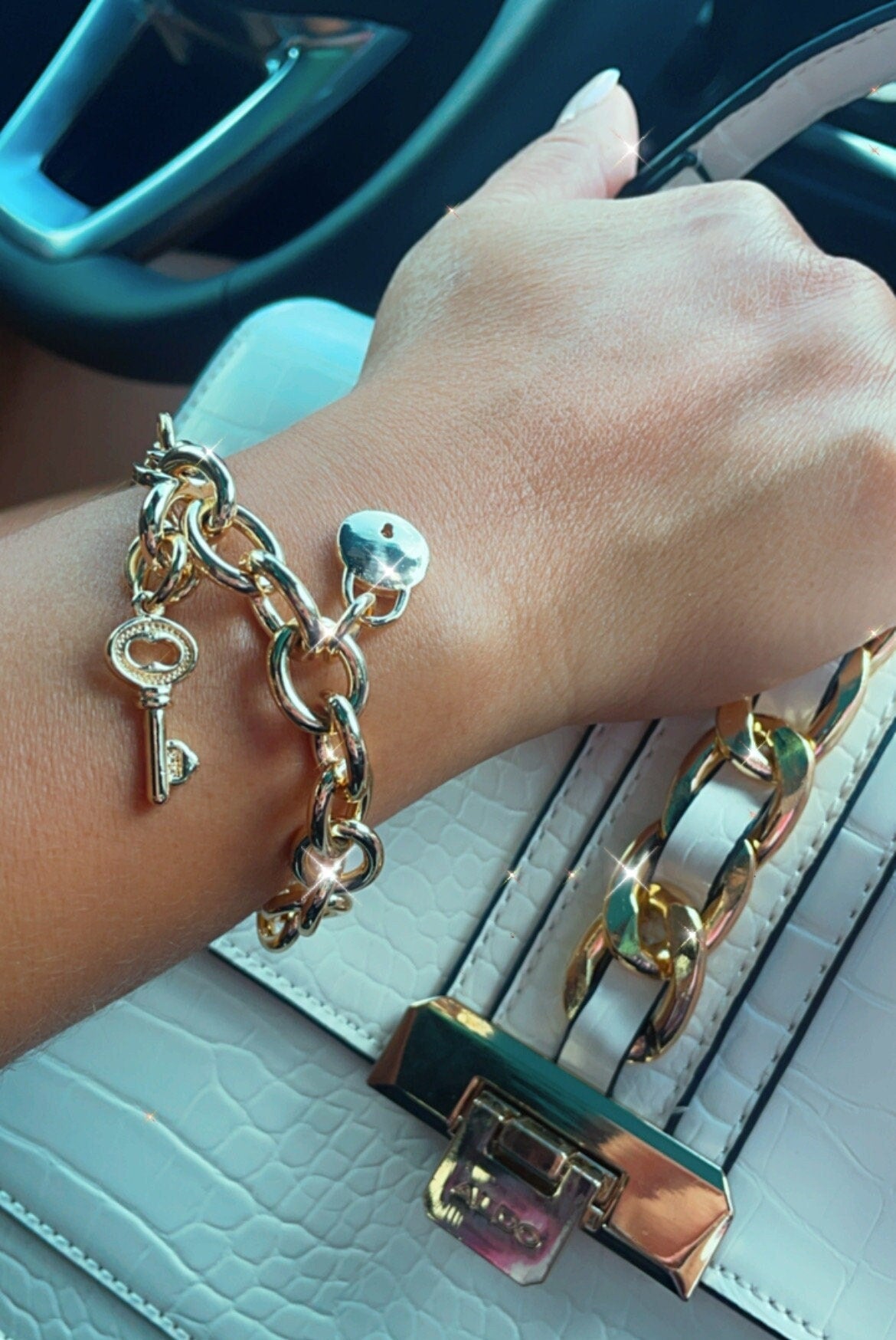 Chunky 18k Gold Layered Lock Heart And Key Bracelet Available in Gold, Rose