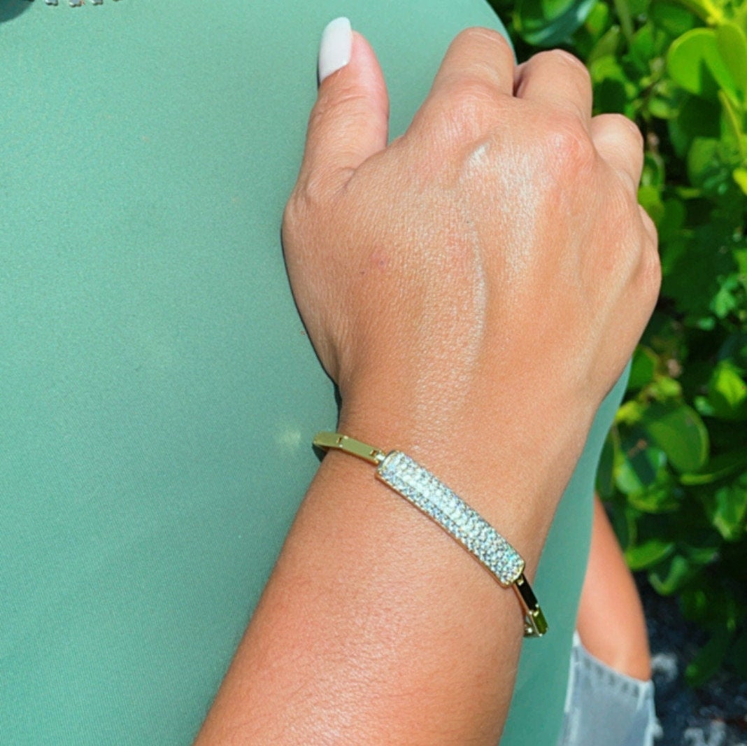 18k Gold Layered Micro Pave Cubic Zirconia Bar Bracelet in Gold or Silver, ID