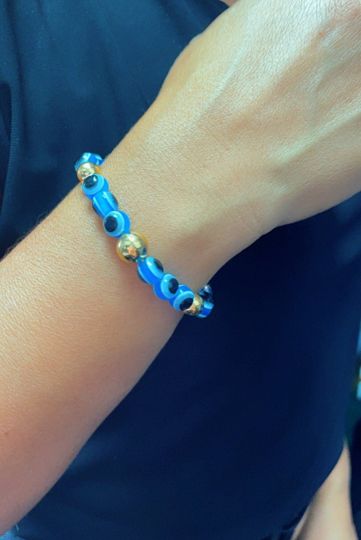 18k Gold Layered Glass Bead Ball Evil Eye Bracelet Featuring Gold Ball Bead on