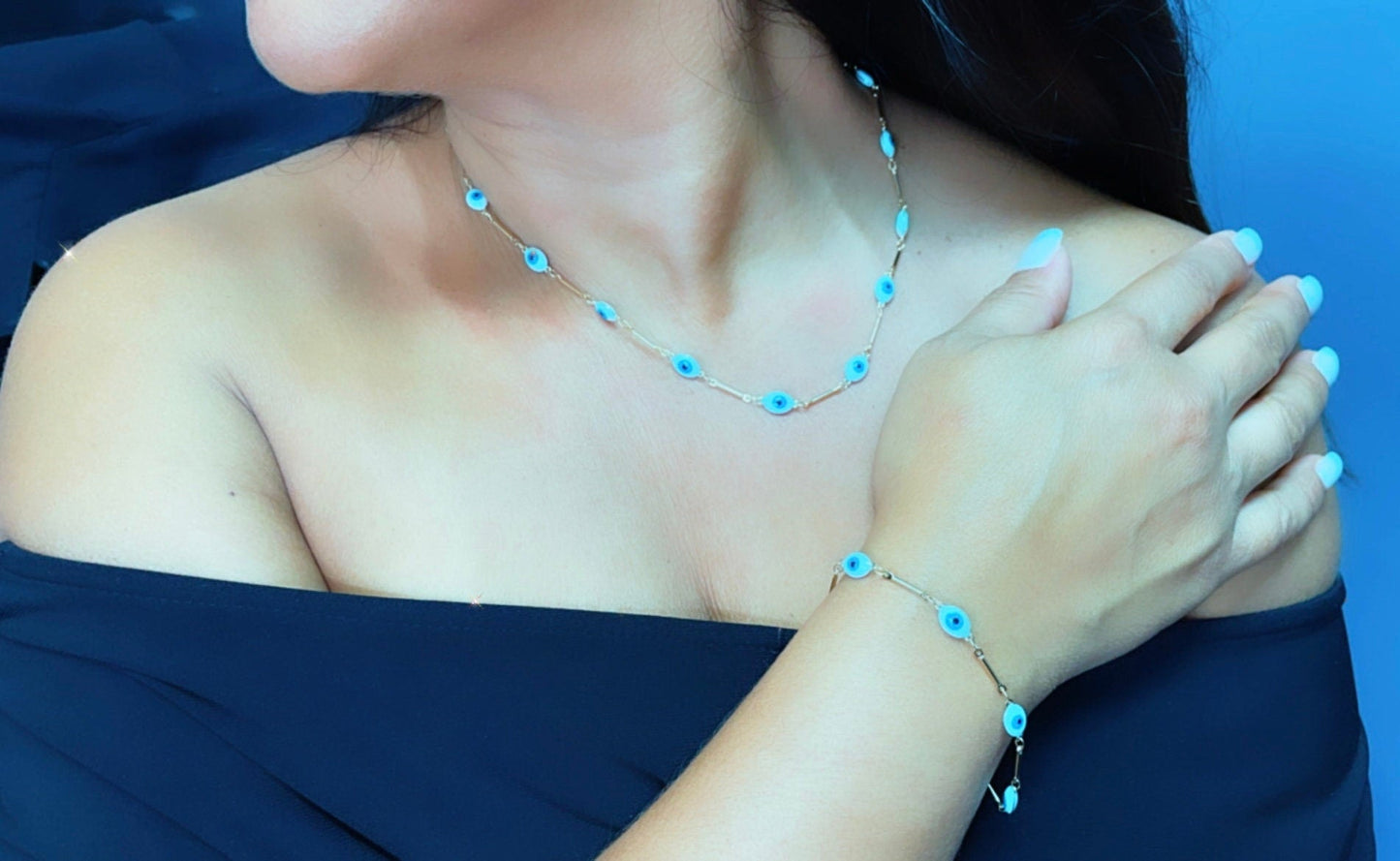 18k Gold Layered Baby Blue Evil Eye Bracelet Necklace Set