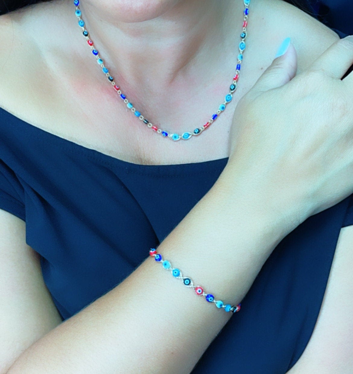 18k Gold Layered Multi Color Evil Eye Bracelet Necklace Set