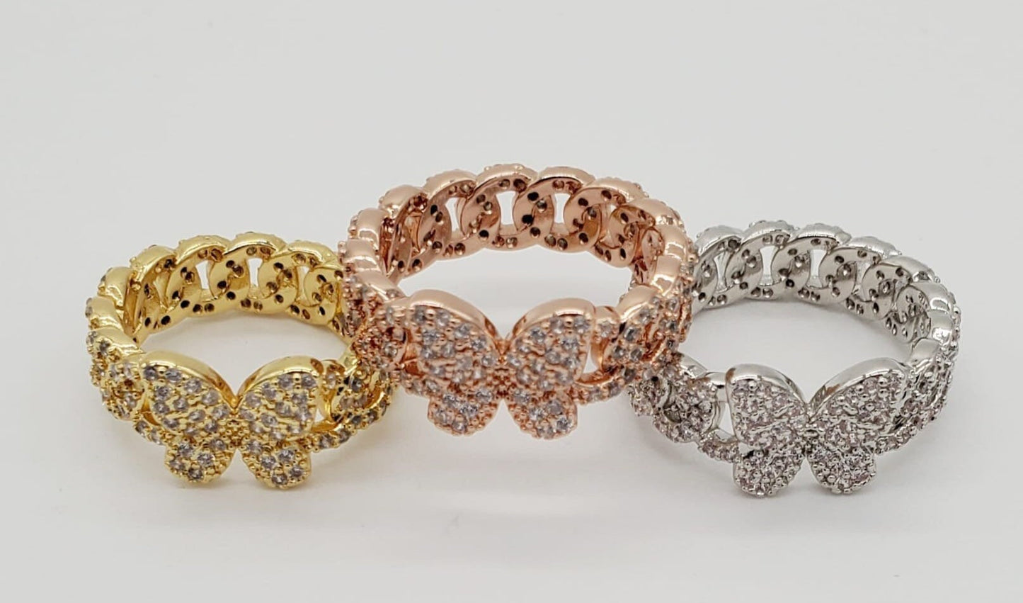 18K Gold Layered Butterfly Ring Featuring Micro Pave Cubic Zirconia Cuban Link