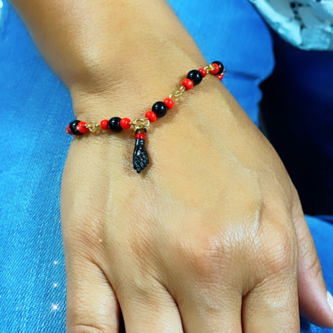 18k Gold Layered Protection "Figa" Hand Bracelet, Mano Fico, Black and Red