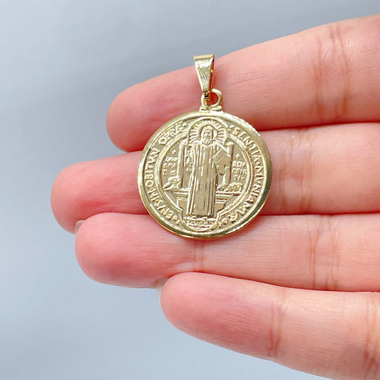 18k Gold Layered 20mm San Benito Round Medal Charm Wholesale Dainty Gold Saint