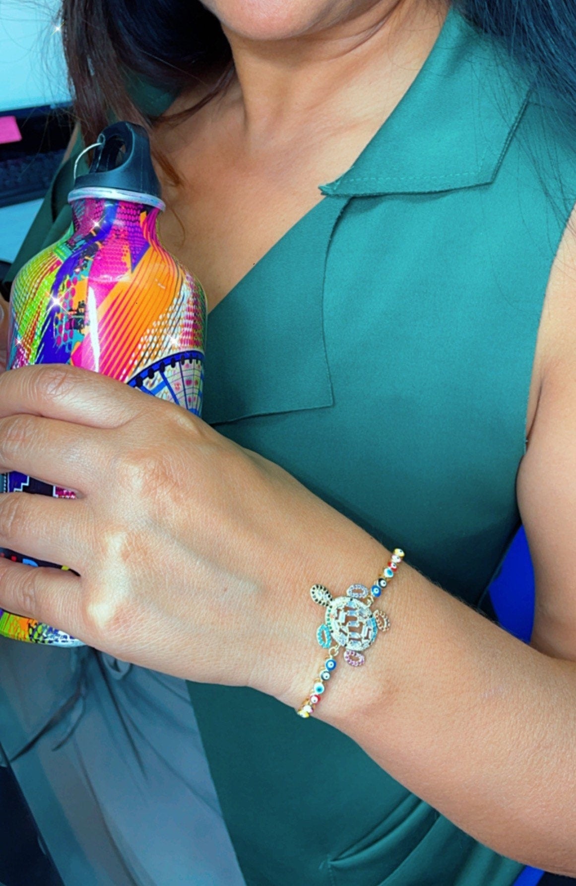 18k Gold Layered Adjustable Multicolor Cubic Zirconia Turtle Bracelet Featuring