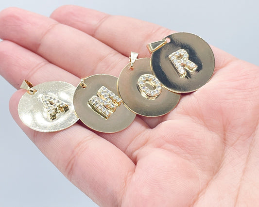 18k Gold Layered Round Initial Charm with Micro Pave Zirconia Letters For