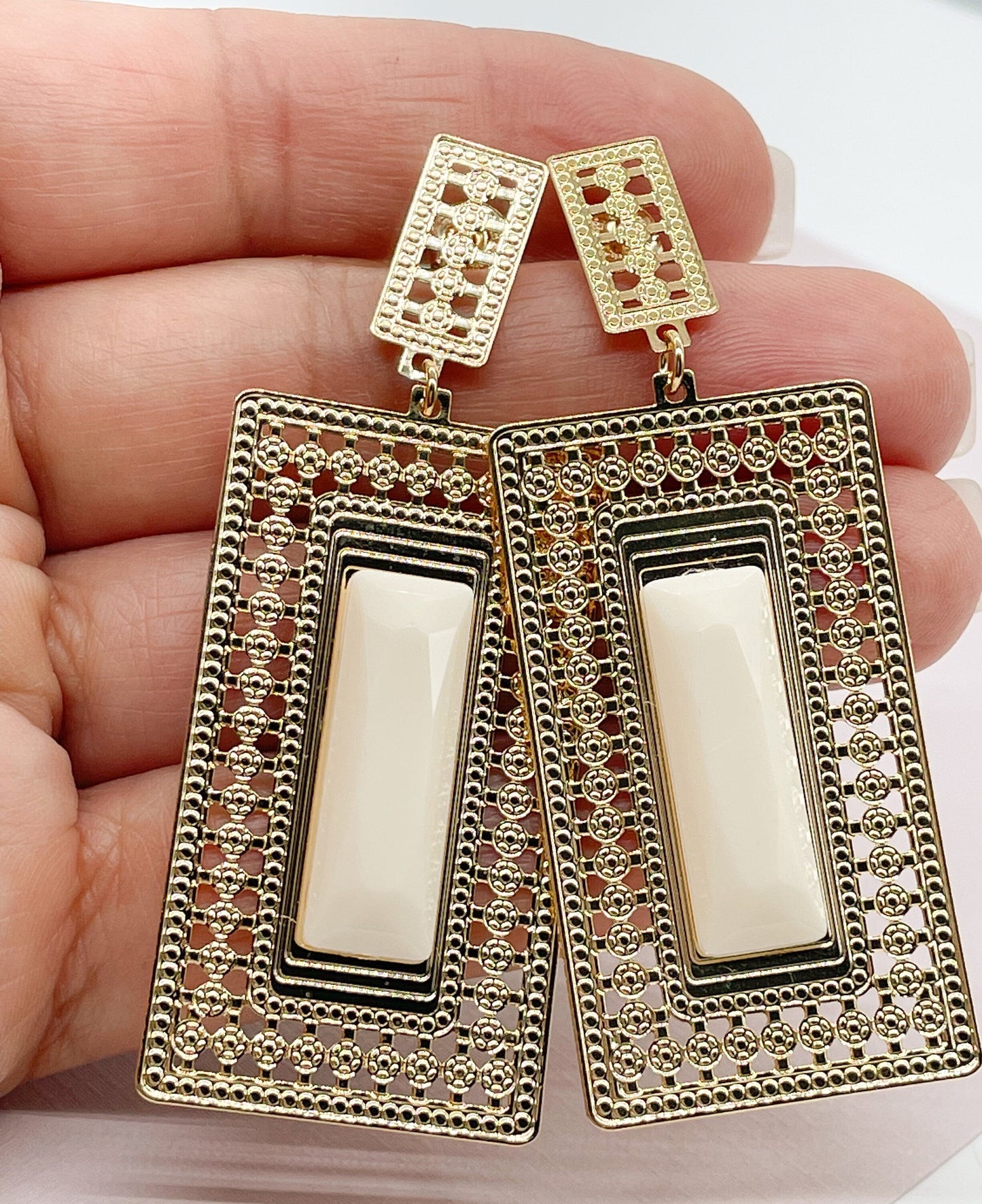 18k Gold Layered Square Dangling Earrings, Geometric, Featuring Micro Pave
