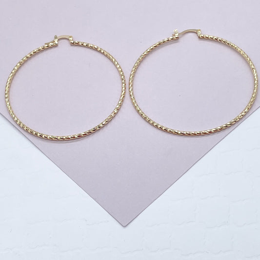 18k Gold Layered Large Rugged Diamond Cut Textured Hoop Earrings 60 mm Diameter