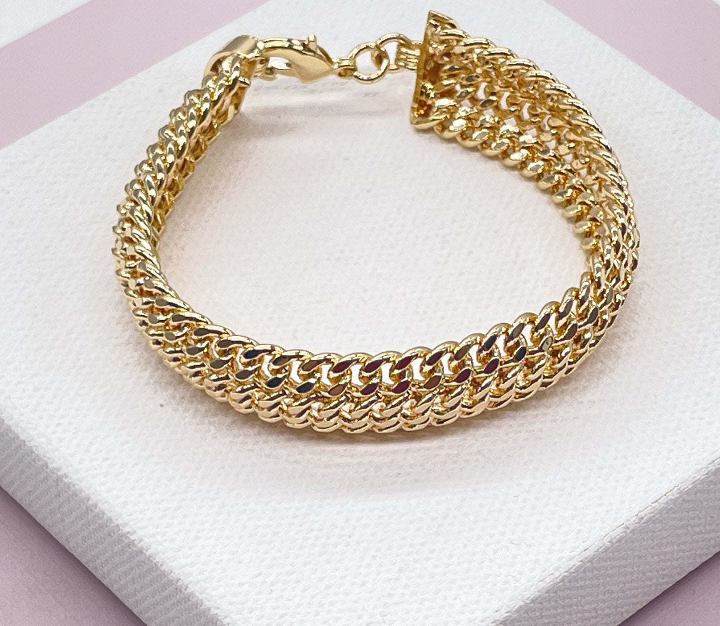 18K Gold Layered Thick Bracelet Feature Three Cuban Link Connected Side by Side