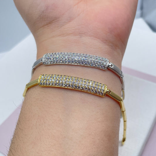 18k Gold Layered Micro Pave Cubic Zirconia Bar Bracelet in Gold or Silver, ID