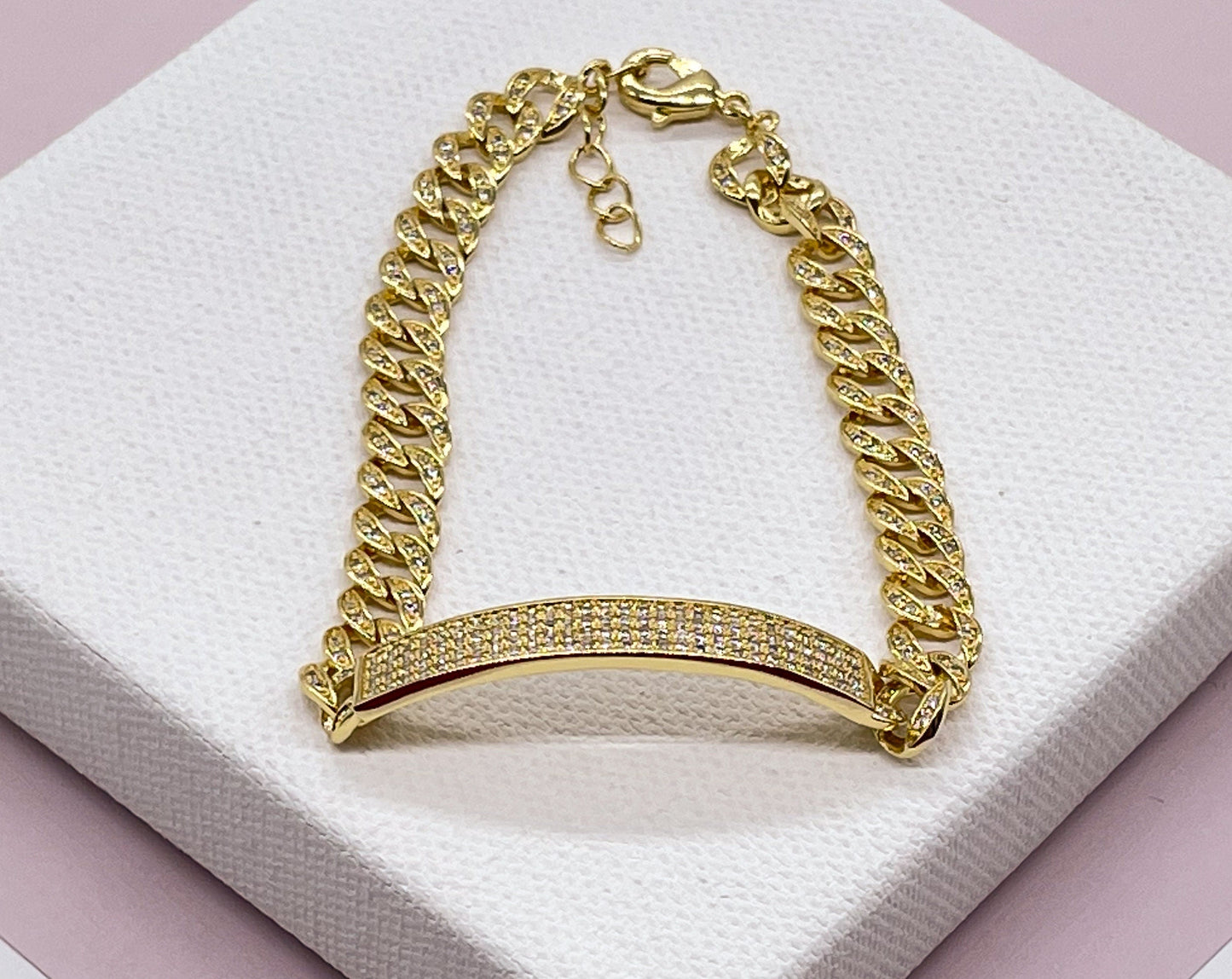 18k Gold Layered Micro Pave Cubic Zirconia Unisex Bar Bracelet Featuring Cuban