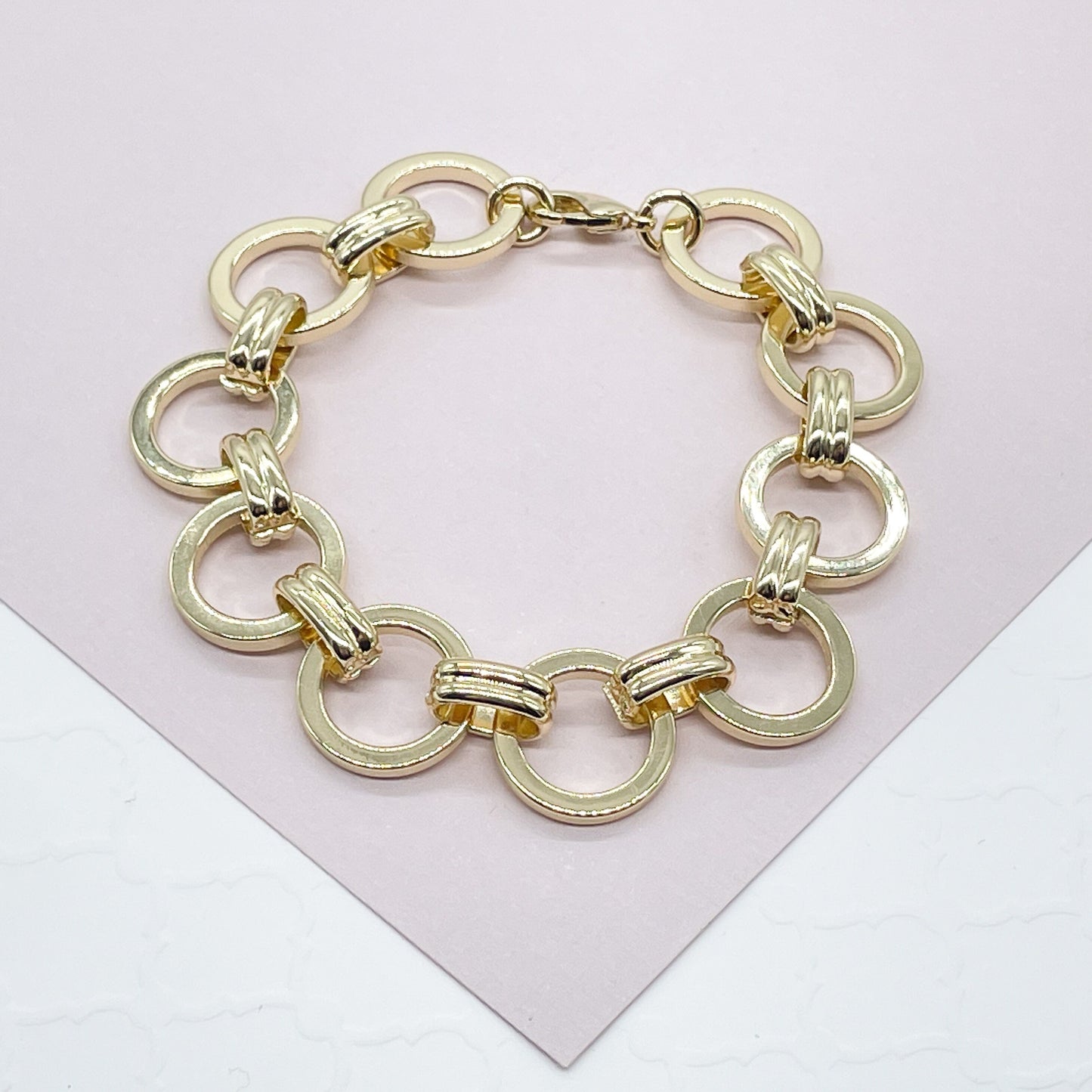 Chunky 18K Gold Layered 15mm Designed Plain Circle Link Bracelet Hypoallergenic