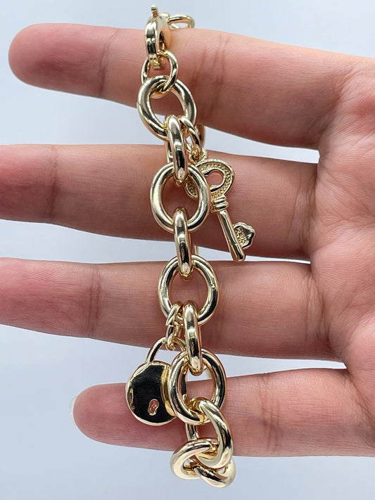 Chunky 18k Gold Layered Lock Heart And Key Bracelet Available in Gold, Rose