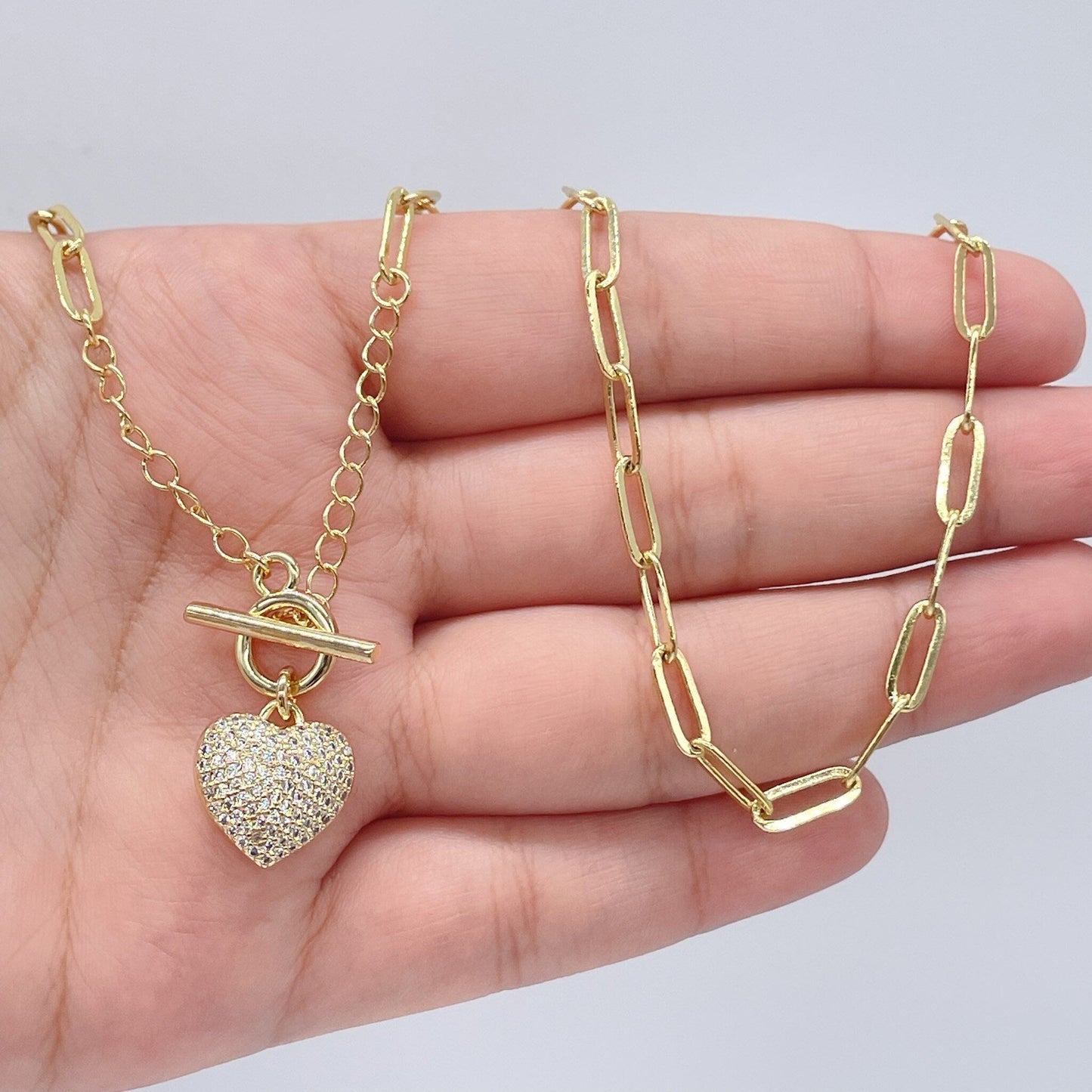 18k Gold Layered Paper Clip Chain Featuring Puffy Heart Full Pave Cubic