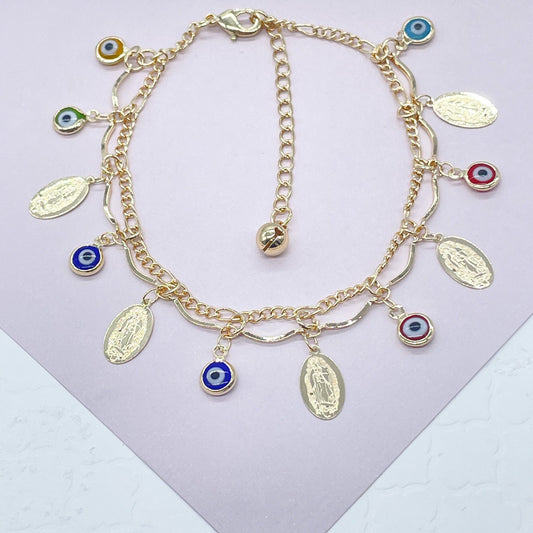 18k Gold Layered Guadalupe and Evil Eye Charm Bracelet, Lady of Guadalupe Pendant