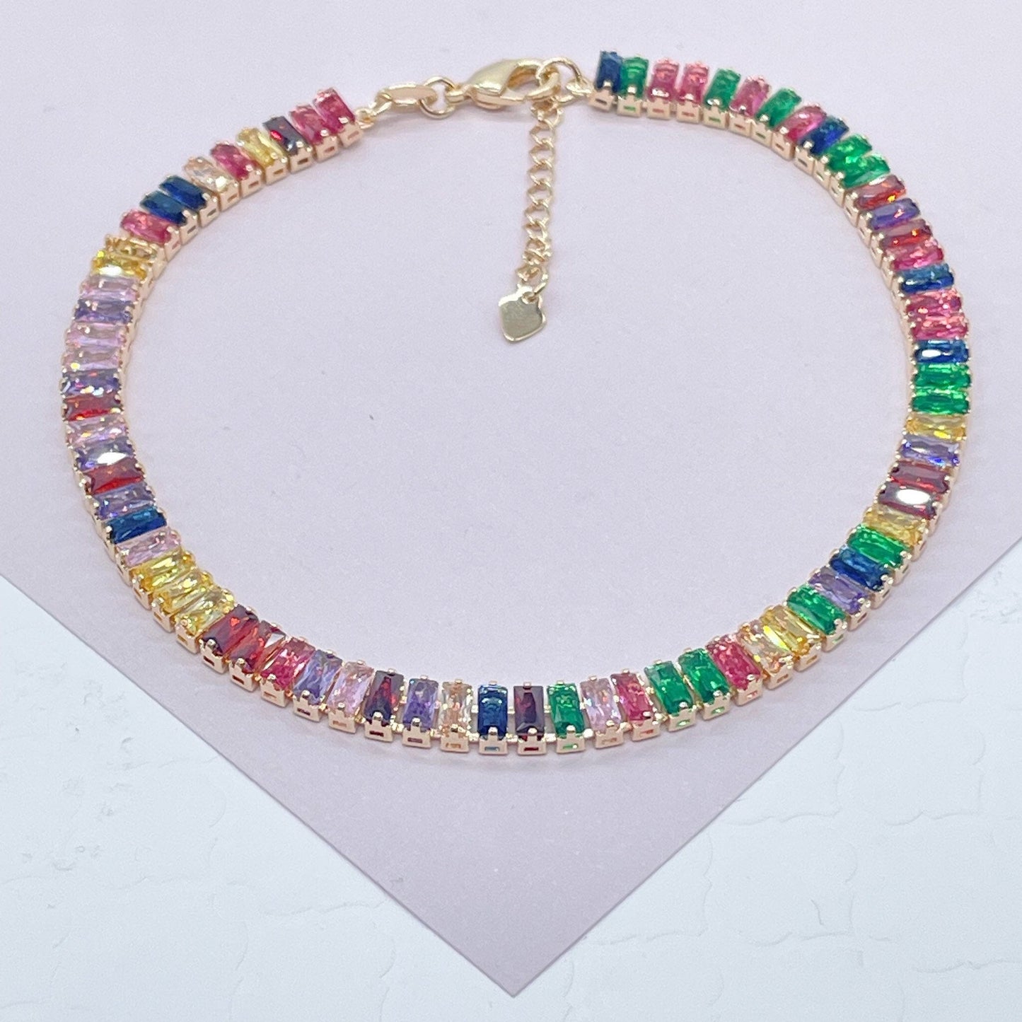 18k Gold Layered Anklet Featuring Colorful Baguette Cubic Zirconia