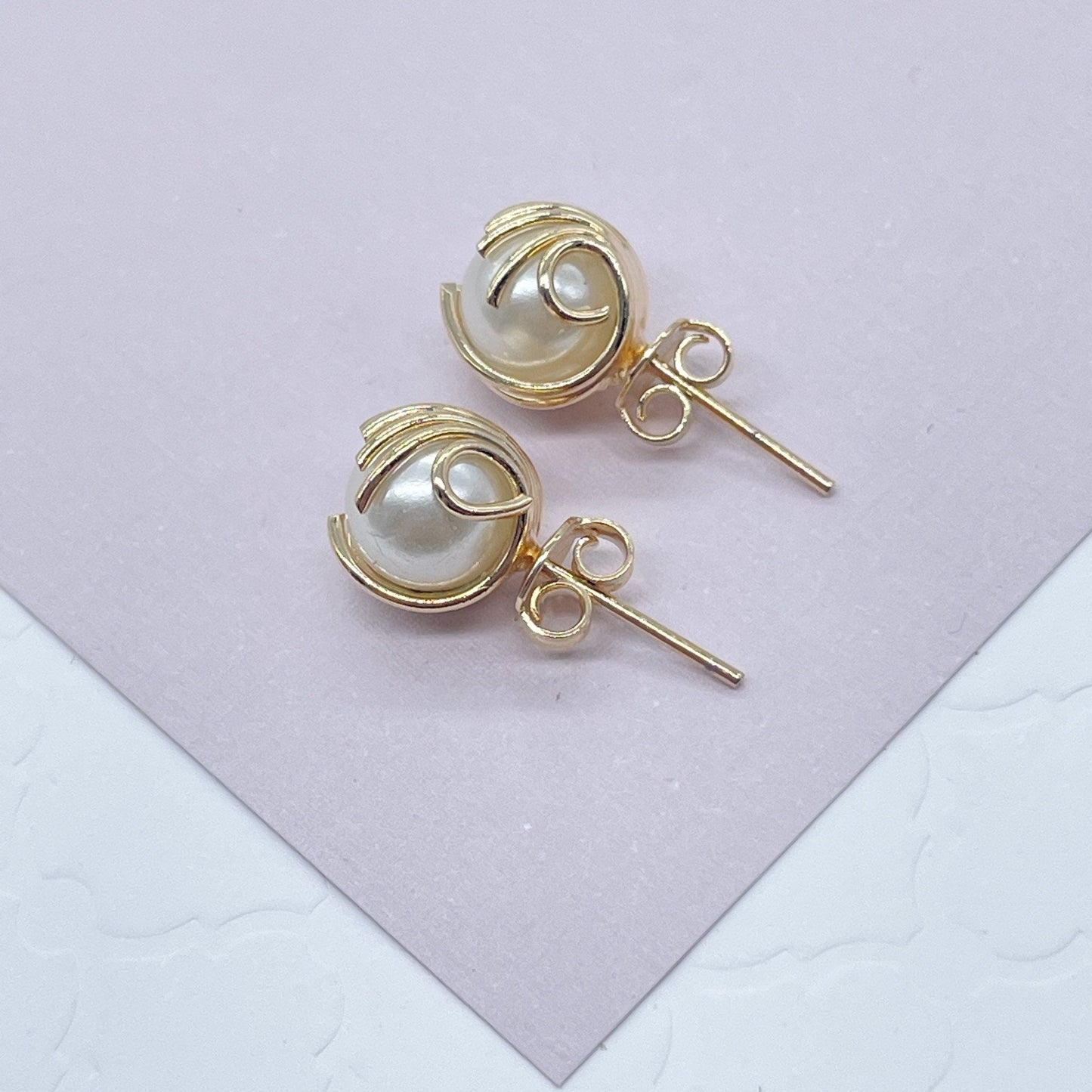 18k Gold Layered Pearl Stud Earrings Wrapped In Gold Thread, Grabbed By Wires