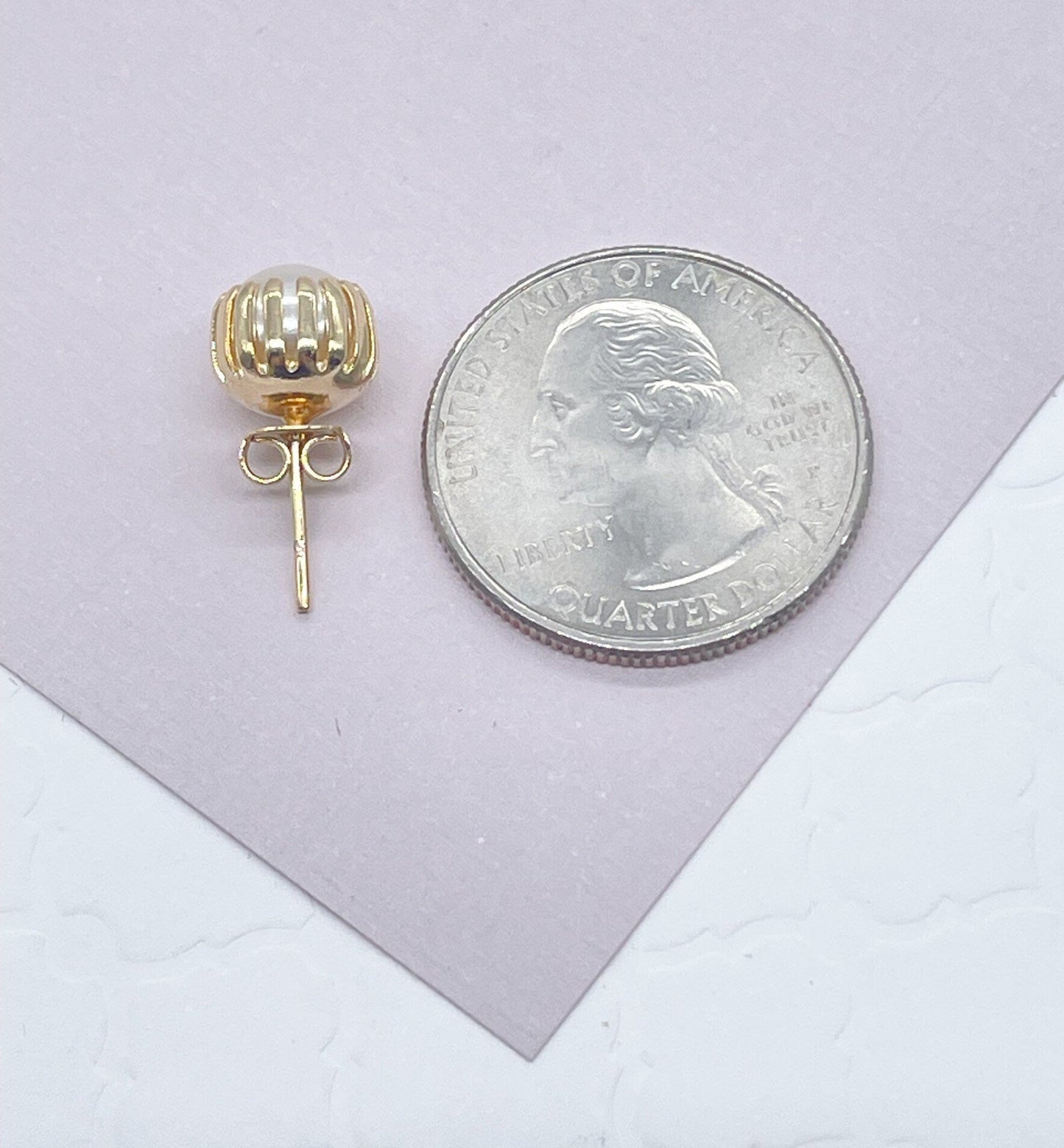 Gorgeous Delicate 18k Gold Layered Crowned Pearl Stud Earrings