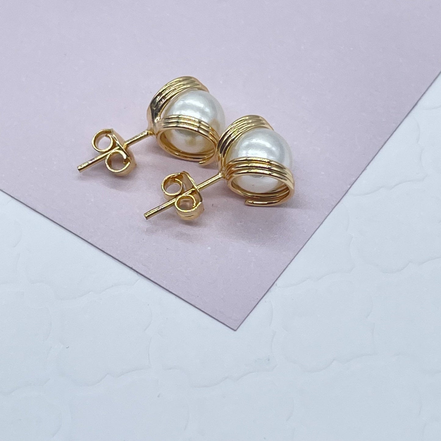 18k Gold Layered Pearl Stud Side Wrapped By Gold Wire Hoop Detail, Small And