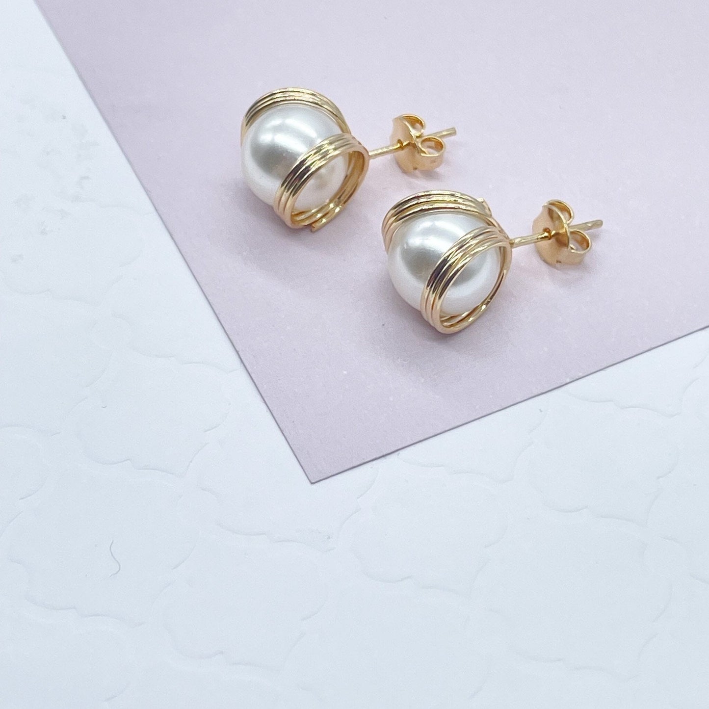 18k Gold Layered Pearl Stud Side Wrapped By Gold Wire Hoop Detail, Small And