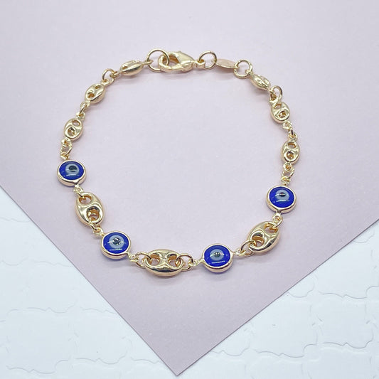 18k Gold Filled Marine Link Mixed Blue Eye Bracelet And Necklace Set