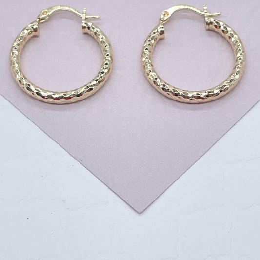 18k Gold Layered Small Rugged Textured Hoop Earring Medium Size 25mm For the